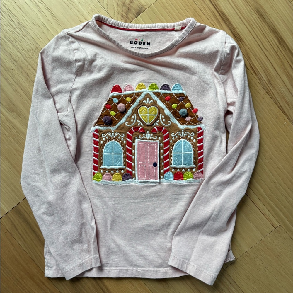 Mini Boden Light Pink Gingerbread House Long Sleeve Tee